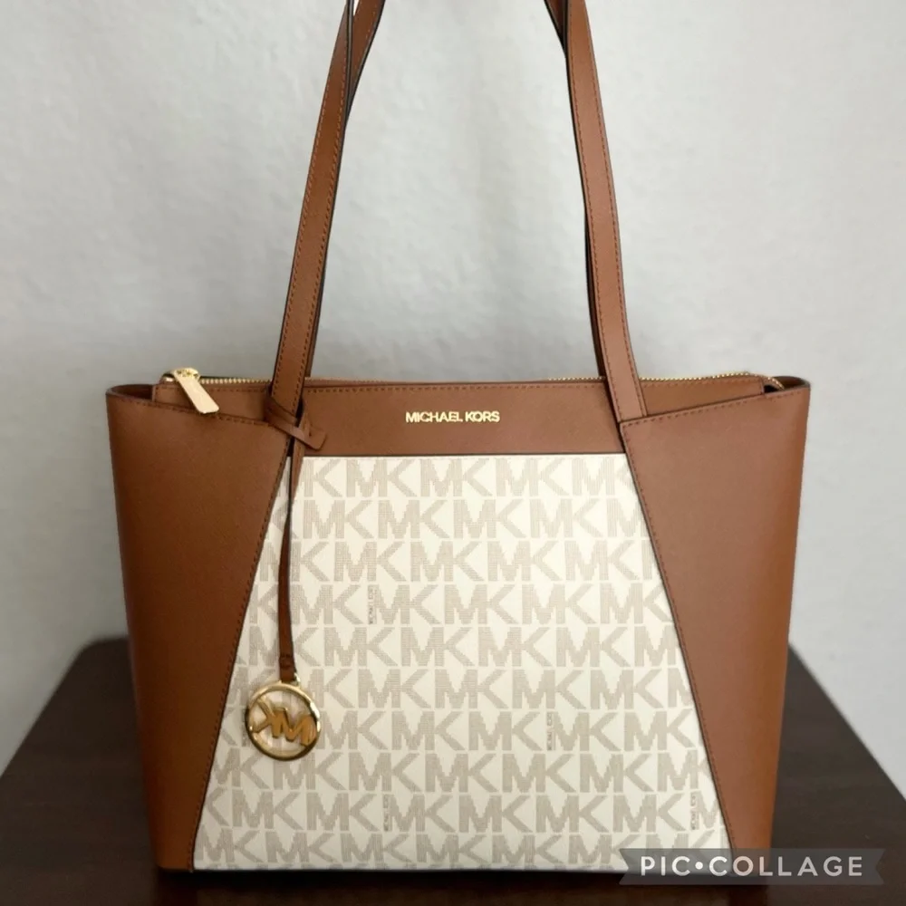 SALE💥💥MICHAEL KORS‎ MADDIE TOTE MEDIUM VANILLA CANVAS/LEATHER SHOULDER BAG